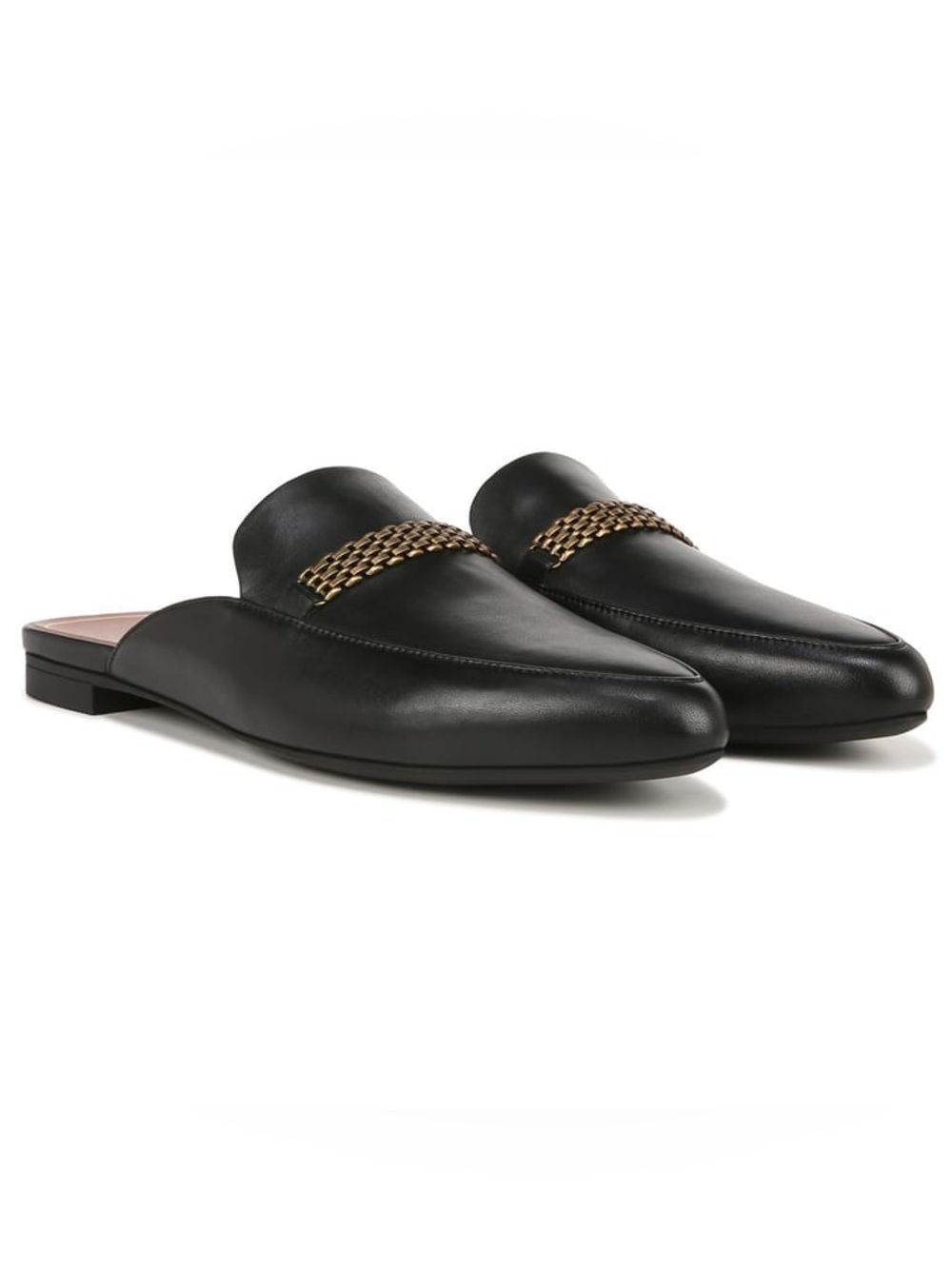 VIONIC Starling Leather Mules Black Gold Chain Accent Slip On Flats Size 7